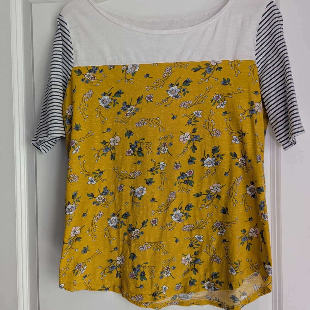 LOFT Yellow Floral and Striped Short Sleeve Top